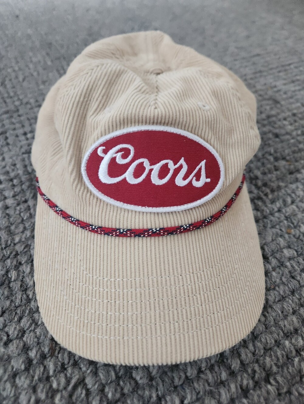 Coors Corduroy Snap Back Baseball Cap in Beige with Red Logo, Like New